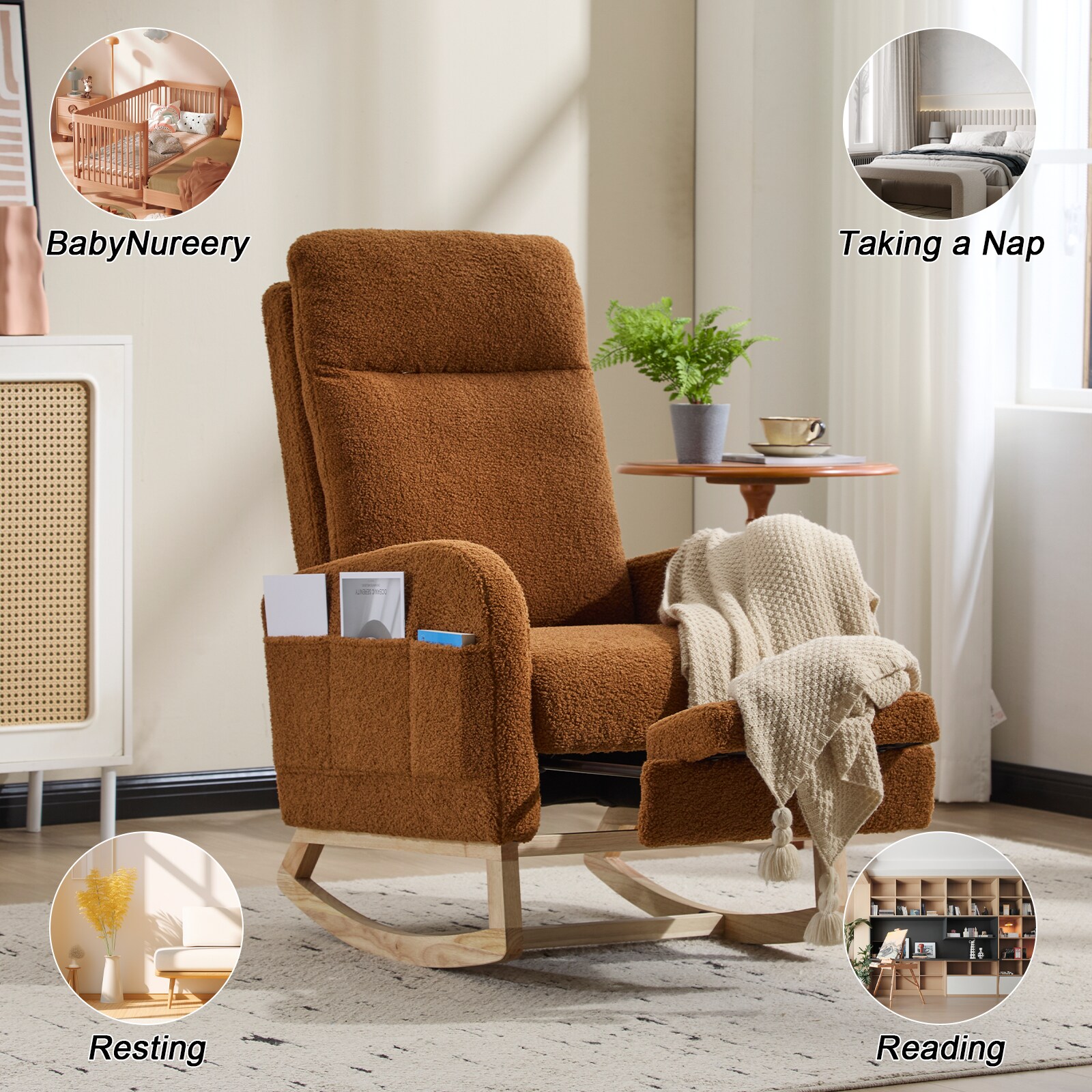 Modern Accent Rocking Chair Rocking Chair With Solid Wood Legs, Upholstered Nursery Glider Rocker, Comfy Armchair With Side Pocket, Living Room Lounge Arm Chair With High Backrest (Brown,teddy)_voghion.com